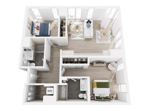 A white and wood floor plan of a house with a living room, dining room, kitchen, and bathrooms.